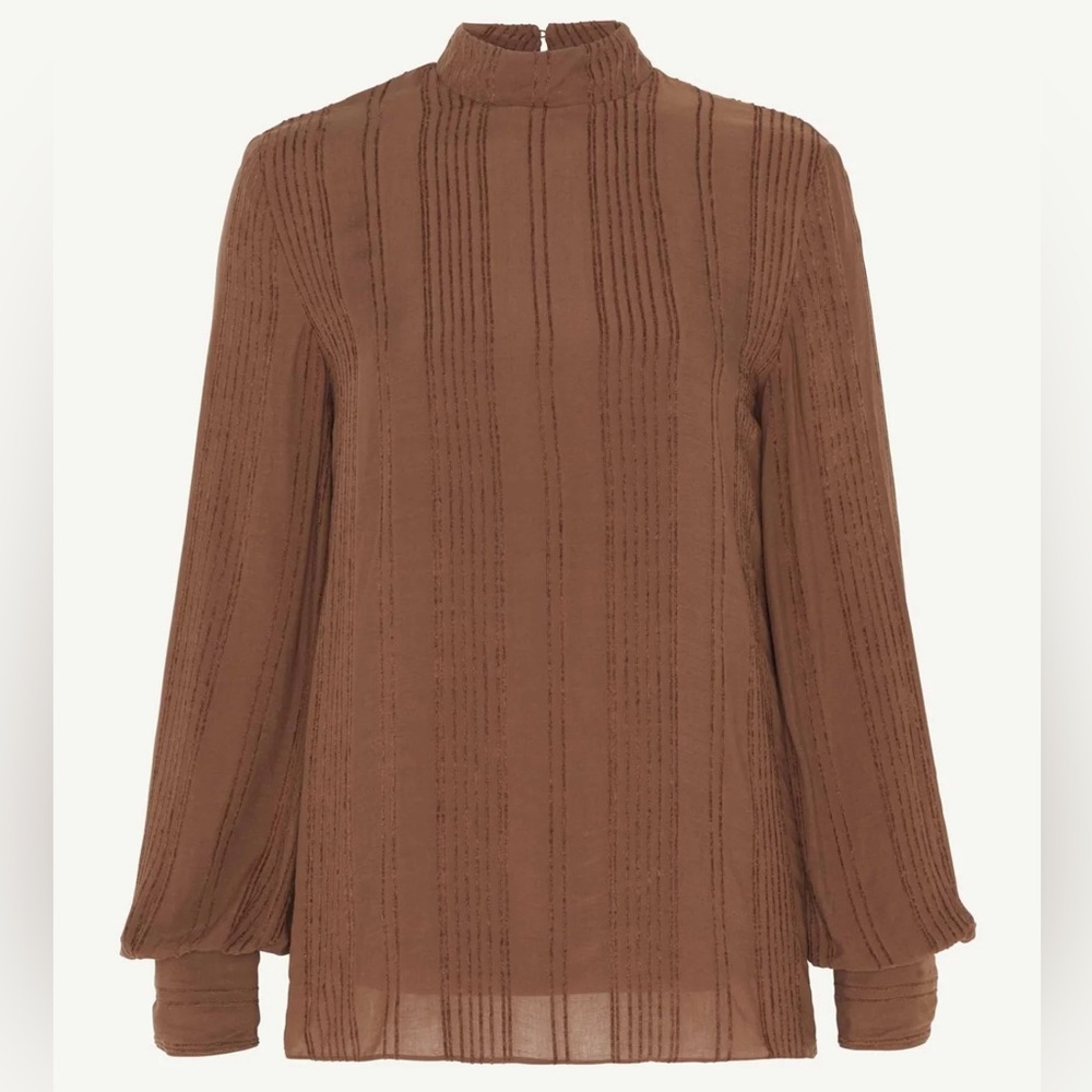 Textured Rayon Balloon Sleeve Blouse - Brown Cocoa